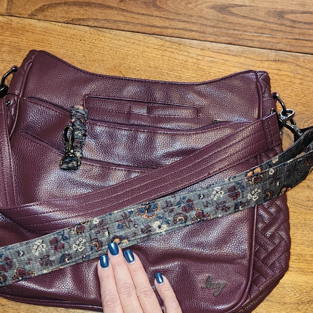 Lug Burgundy Shoulder Bag with Floral Strap